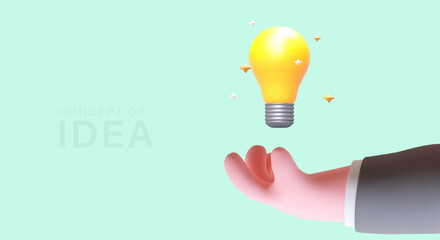 Vector idea concept. 3D hand catches bright light bulb. Symbol of invention, new solution. Creativity, innovation, genius. Poster in cute plasticine style with space for text