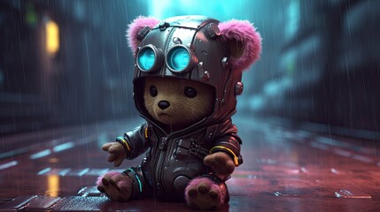 Fototapeta na wymiar Teddy bear with neon lights on the rainy city Generative Ai