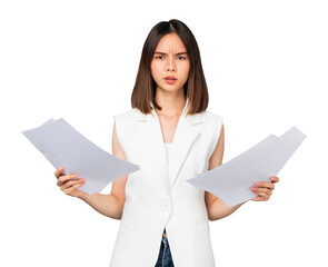 Boring young Asian woman holding document and stand on studio shot on on png background.