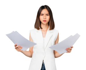 Boring young Asian woman holding document and stand on studio shot on on png background.