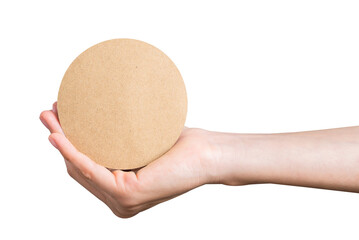 Hand holding circle sign brown paper on png background, empty space for text on ads.