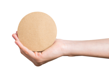 Hand holding circle sign brown paper on png background, empty space for text on ads.