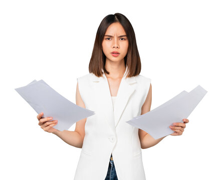 Boring young Asian woman holding document and stand on studio shot on on png background.