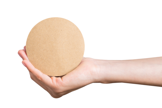Hand holding circle sign brown paper on png background, empty space for text on ads.