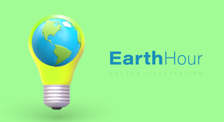 Earth Hour. Caring for planet. Energy saving campaign. Realistic Earth inside light bulb. Global environmental problems. Vector poster on green background