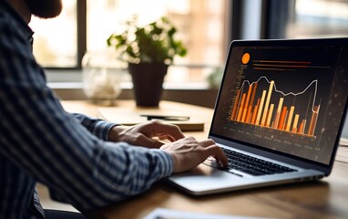 A man is working on a laptop at a table with data graphs