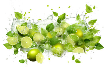 Fototapeta na wymiar limes and mint leaves with a water splash, refreshing summer cocktail theme on transparent background. Generative AI.