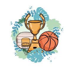 Basketball championship icon, streetball sport club or team league vector symbol. Basketball victory cup tournament icon with basketball ball and golden cup award.