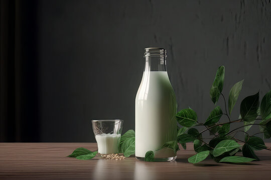 a bottle of milk and a glass with green leaves premium photo, in the style of photorealistic renderings
