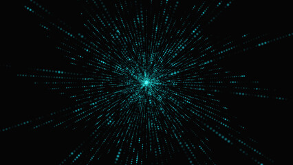 Fototapeta premium Spacetime light speed on a dark background. neon-colored abstract backdrop in shades of blue, yellow, and orange. 3D rendering. Glowing particle explosion