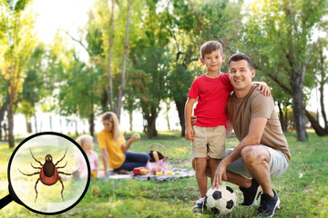 Family spending time together in park and don't even suspect about hidden danger in green grass. Illustration of magnifying glass with tick, selective focus