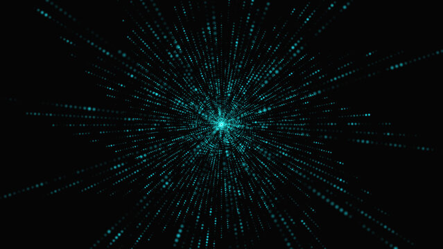Spacetime light speed on a dark background. neon-colored abstract backdrop in shades of blue, yellow, and orange. 3D rendering. Glowing particle explosion
