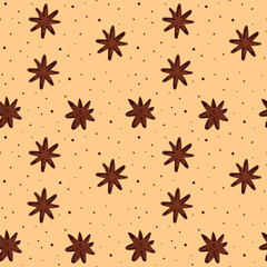 Cinnamon Seamless pattern with cinnamon sticks bark. background with brown spice aromatic ingredient. For packaging, textile, print, template, cards. Hand drawn ornament. Vector illustration