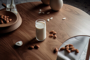 almonds and a bottle of milk on table top, in the style of made of all of the above
