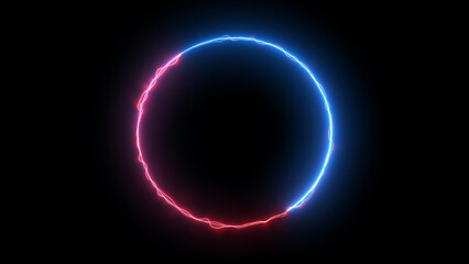 3D render, 80s vintage style, fashion show stage, blue pink neon circular frame, circle, ring form, empty space, ultraviolet light