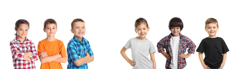 Collage with photos of different cheerful children on white background