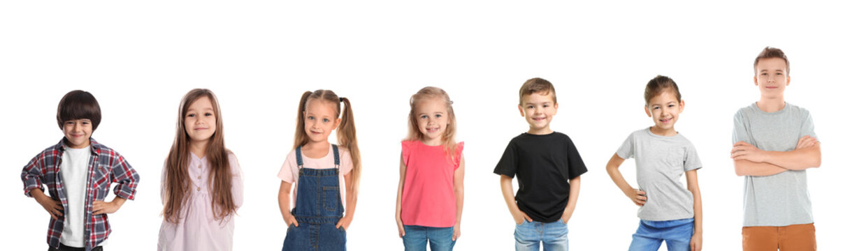 Cheerful children of different ages on white background. Collage design