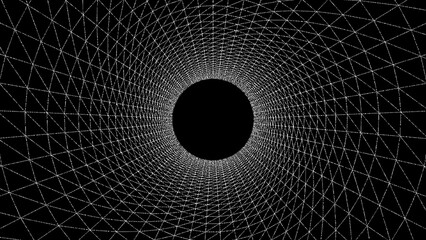 The dark funnel of the future. space travel tube in wireframe. Black wormhole with surface warp that is abstract. Image in vector format. 3D tunnel made of wires. Backdrop perspective grid. - obrazy, fototapety, plakaty
