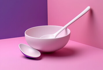 an empty white spoon on a pink and purple background photo, in the style of fluid geometric shapes