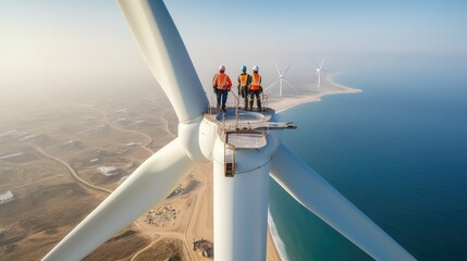 Inspection engineers prepare to descend down the towering rotor blade of a wind turbine amidst a breathtaking natural backdrop. Generative AI