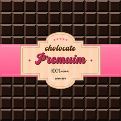 Chocolate label. Dark chocolate vector. Card with chocolate bar.  Chocolate background. Illustration in a flat style.
