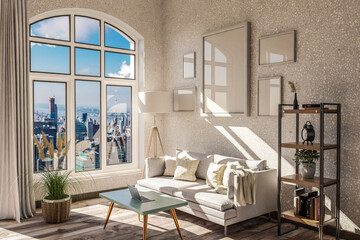 luxurious loft apartment with arched window and panoramic view over urban downtown; noble interior living room design mock up; 3D Illustration