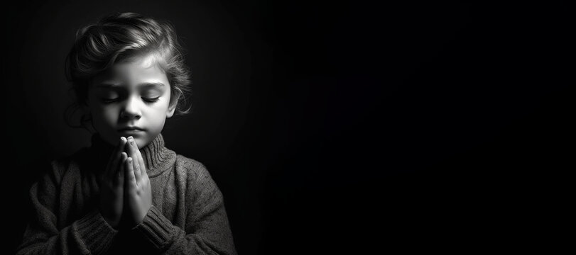 Black and white studio portrait of a young child praying banner on black background