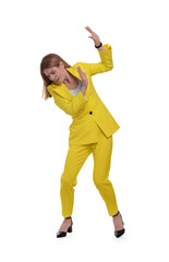 Beautiful emotional businesswoman avoiding something on white background