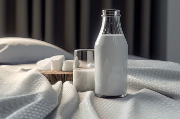glass glass of milk and a bottle on the white towel, in the style of villagecore, vray tracing