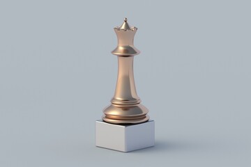 Promotion at work. Golden chess figure on podium. Career growth concept. Goal achievement. New position. Leadership skill. Director of company. Market leader. Talented employee. 3d render