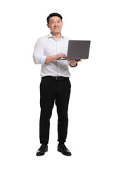 Businessman in formal clothes working on laptop against white background