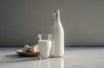 glass of milk and bottle on a white surface, in the style of villagecore