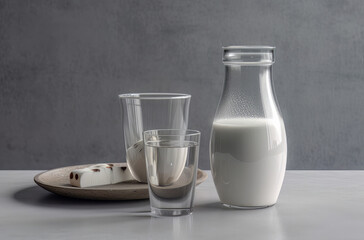 glass of milk and bottle on a white surface, in the style of villagecore