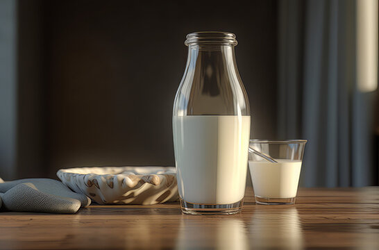 glass of milk and bottle on a white surface, in the style of villagecore