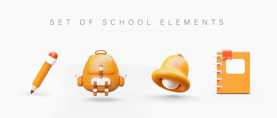 Set of school elements on white background. 3D icons with shadows. Pupil and student accessories. Yellow pencil, backpack, bell, notebook with bookmark. Cute cartoon style