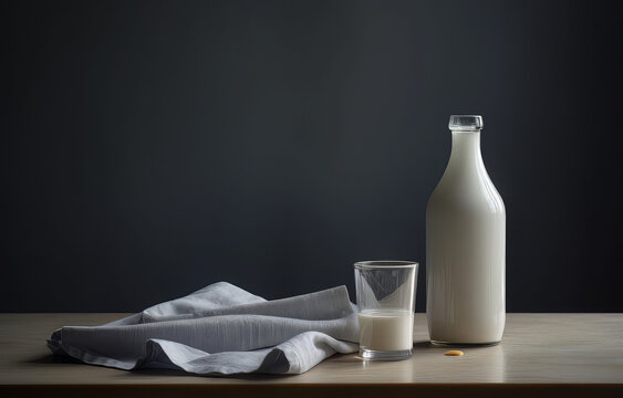 the photo shows a bottle and a glass of milk, in the style of minimalist sets, minimal retouching