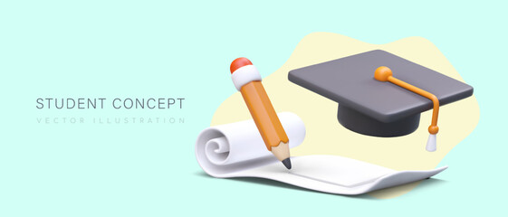 Education of students. Vector concept with paper roll, pencil, graduate cap. Effective certified training. Graduation of specialists. Advertising poster for colleges, universities, academies - obrazy, fototapety, plakaty