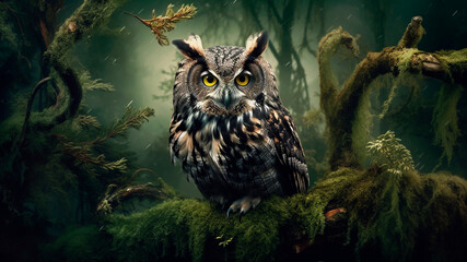 Beautiful owl sitting on a branch in a dark forest.