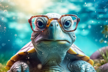 a turtle donning stylish eyeglasses, set against a backdrop of blurred glittering bokeh, creating a vivid and enchanting picture. Generative AI.