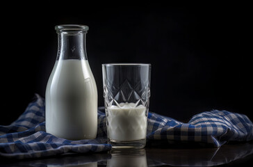 full glass of bottled milk on a blue cloth, in the style of ferrania