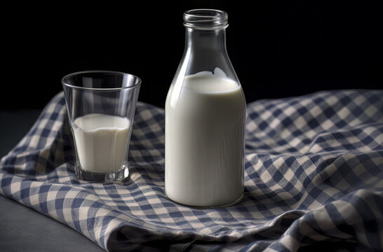 full glass of bottled milk on a blue cloth, in the style of ferrania