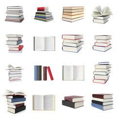 Collage of different books isolated on white