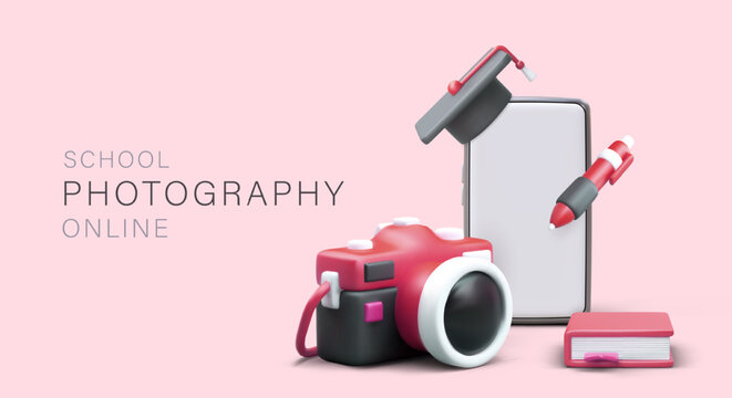Photography courses from best teachers. Master classes in remote location. Secrets of photo and video shooting. Cute advertisement in pink tones. Isometric figures, student accessories