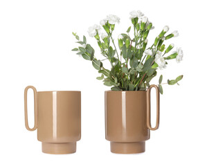Stylish vase with beautiful bouquet and empty one on white background. Collage design