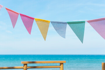 Sea view and flag garland.  海の景色と旗のガーランド