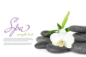 Fototapeta na wymiar Spa stones , orchid and bamboo leaves on white background. Design with space for text