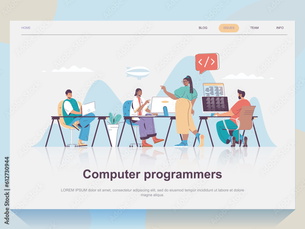 Aufkleber Computer programmers web concept for landing page in flat design. Man and woman working in office with project manager, coding and testing. Vector illustration with people scene for website homepage