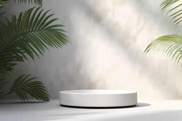Obraz premium Blank minimal white counter podium, soft beautiful dappled sunlight, tropical palm foliage leaf shadow on wall for luxury hygiene organic cosmetic, skincare, beauty treatment product background 3D 