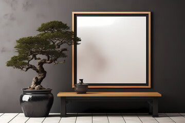 Blank large white photo poster frame, black edge on beige brown wall, asian style wooden cabinet, Japanese bonsai tree on black marble floor for luxury interior design background template 