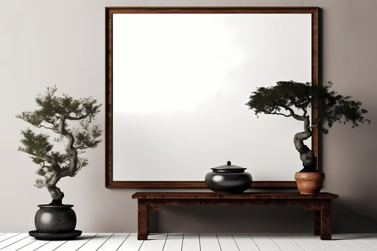 Blank large white photo poster frame, black edge on beige brown wall, asian style wooden cabinet, Japanese bonsai tree on black marble floor for luxury interior design background template 